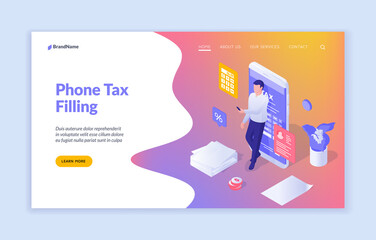 Mobile application for submitting documentation. Businessman fills tax return in smartphone. Electronic programs for business reports. Online bookkeeping service. Vector home page isometric template