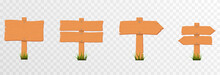 Set Of Cartoon Wooden Pointers, Signs On Green Grass. Wooden Pointers, Plaques On An Isolated Transparent Background. PNG.