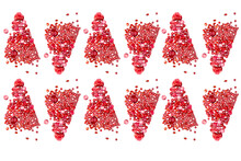 A Collage Of Red Glass Beads Layed In The Shape Of Triangle And Isolated On A White Background. Seamless Pattern.