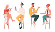 Men and women drinking alcoholic drinks, people enjoying cocktails in bar, pub or restaurant. Isolated friends talking and chatting, entertainment or nightlife. Flat cartoon character vector