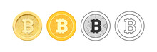 Decentralized Virtual Currency For Payment And Transactions, Isolated Bitcoin Icons In Realistic, Flat And Line Style. Golden Coins, Electronic Exchange And Financial Profit, Vector Illustration