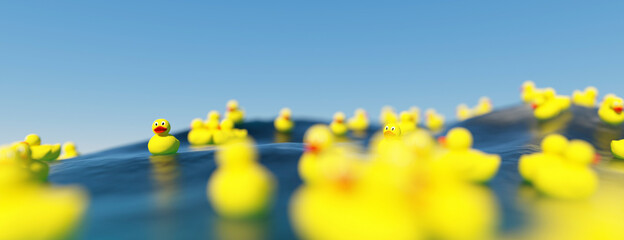 Wall Mural - Collection of toy rubber ducks floating on the ocean happy 3d render