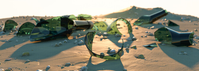 Broken glass bottles on the beach concept 3d render