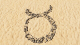 Fototapeta Przestrzenne - Concept conceptual stones on beach sand handmade symbol shape, golden sandy background, taurus zodiac sign. 3d illustration symbol for  esoteric, the mystic, the power of prediction of astrology