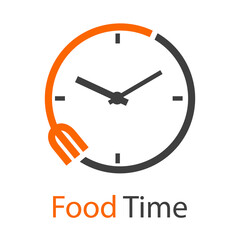 Poster - Logo con texto Food Time con tenedor con forma de reloj simple con lineas en color gris y naranja