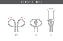 Vector Simple Instructions For Tying A Clove Hitch. Three Steps. Isolated On White Background.
