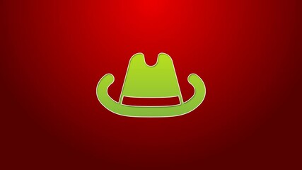 Sticker - Green line Western cowboy hat icon isolated on red background. 4K Video motion graphic animation