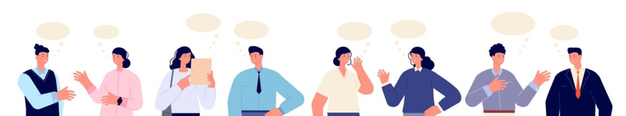 Wall Mural - People talking characters. Communication group, talk or chat idea. Communicate of man woman, isolated flat persons speak utter vector concept