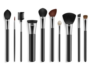 Makeup brushes. Realistic professional visagiste tools. Isolated 3D accessories for cosmetics. Powder and foundation paintbrushes. Eyeshadow applicators. Vector beauty equipment set