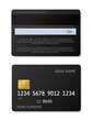 Credit card black. Debit cards with gold chip realistic, front and back side mockup for bank transaction. Financial payment instrument. Blank template. Vector isolated illustration