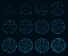 A Set Of Wireframe Geometric Shapes In A Sequence Complicating Their Geometry. Vector Illustration