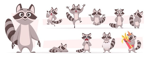 raccoon animal. wild mammal cute smile playing and jumping in various action poses forest dweller ex