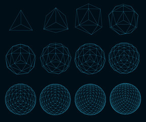 A set of wireframe geometric shapes in a sequence complicating their geometry. Vector illustration