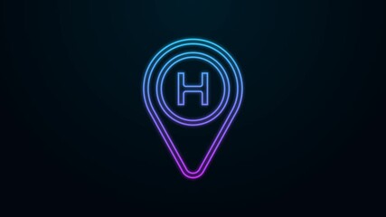 Sticker - Glowing neon line Helicopter landing pad icon isolated on black background. Helipad, area, platform, H letter. 4K Video motion graphic animation