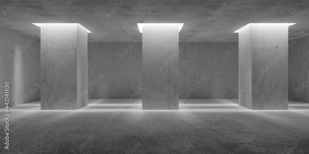 Abstract empty, modern concrete walls room with indirect lit pillars and rough floor - industrial interior or gallery background template - obrazy, fototapety, plakaty 