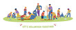 Children And Adults Volunteers Planting Trees And Collecting Trash. Vector Motivational Banner.
