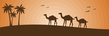 Camel Walking On Desert, Silhouette Style, Beautiful Sunlight, Palm Tree, Islamic Web Banner Background Vector