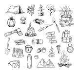 Fototapeta  - Hand drawn camping and hiking elements, isolated on white background. Set of icons for summer camp flyers and posters. Outlined vector illustration.