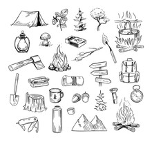 Hand Drawn Camping And Hiking Elements, Isolated On White Background. Set Of Icons For Summer Camp Flyers And Posters. Outlined Vector Illustration.
