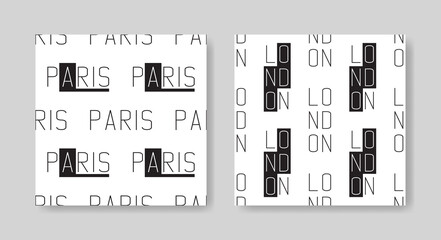 Wall Mural - London and Paris seamless patterns. Modern text print texture of black and white colors. Contemporary wallpaper illustrations of letters and square shapes.