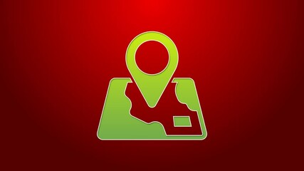 Sticker - Green line Folded map with location marker icon isolated on red background. 4K Video motion graphic animation