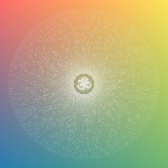 Vector sacred mandala with spiritual symbol Om. Complex graphic art with pattern of spirals. Power and energy of yoga and meditation. Shiny blue ornament on rainbow backdrop.