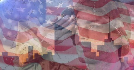 Poster - Animation of soldier saluting over american flag