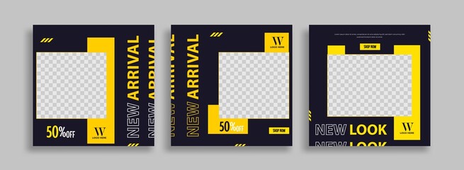 Wall Mural - Set of Editable minimal square banner template. Blue yellow white background color with geometric shapes for social media post and web internet ads. Vector 