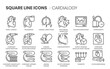 Cardiology related, square line vector icon set.