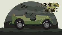 Military Poster Jeep On The Background Of The Mountains And Airplane, Retro Poster. Ventage Vector Illustration