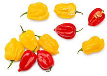 Yellow And Red Habanero Chili Hot Peppers Isolated On White Background. Clipping Path