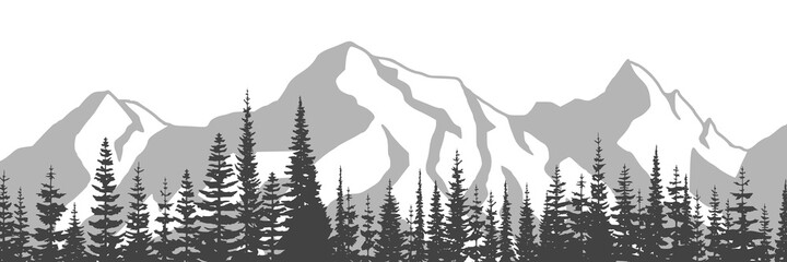 Wall Mural - Black and white landscape, spruce forest against the background of snow-capped mountains