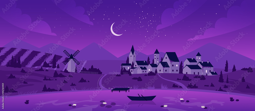 Night town or village by lake landscape vector illustration. Cartoon mountain scenery with moon in purple starry sky, boat on calm lake waters, mill on summer fields and farm houses background - obrazy, fototapety, plakaty 