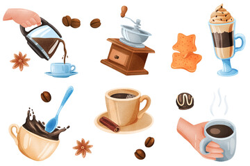 Aufkleber - Coffee stickers set. Bundle of objects - drink in cup, cookies, spices, beans. Different types - espresso, cappuccino. Morning breakfast. 3d illustration with isolated elements in realistic design
