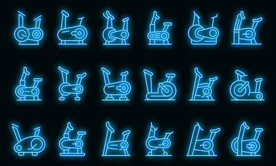 Wall Mural - Exercise bike icons set. Outline set of exercise bike vector icons neon color on black