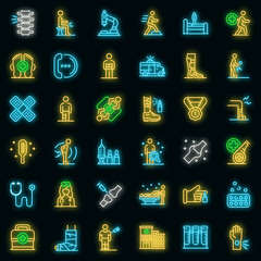 Sticker - Sports doctor icons set. Outline set of sports doctor vector icons neon color on black