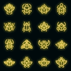 Sticker - Scarab beetle icons set. Outline set of scarab beetle vector icons neon color on black