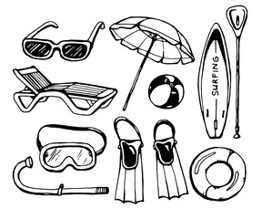 set of beach equipment, vector isolated