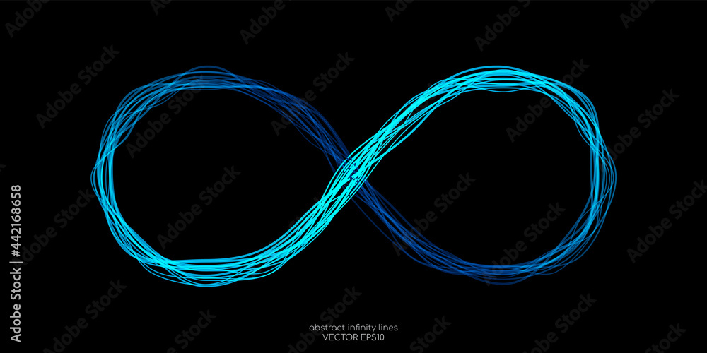 Infinity symbol by wavy lines blue light isolated on black background in concept unlimited, technology, digital. - obrazy, fototapety, plakaty 