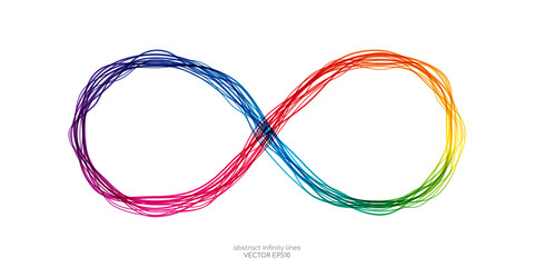 Infinity symbol by wavy lines colorful spectrum light isolated on white background in concept unlimited, technology, digital.
