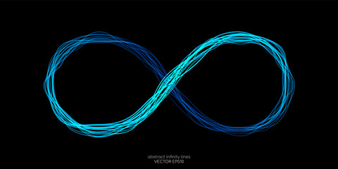 Wall Mural - infinity symbol by wavy lines blue light isolated on black background in concept unlimited, technolo