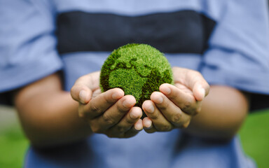 Wall Mural - Close up of hands holding the earth on a green background. protect nature. Save Earth. concept of the environment World Earth Day