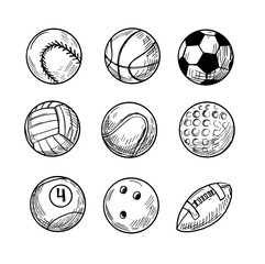 Sport balls, vector sketch illustration, black isolated outline