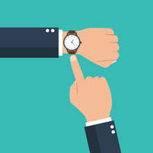 Businessman Hand With A Watch On The Wrist. Business Concept With Checking Time. Time Is Money. Symbol Of Deadline Work. Isolated On Blue Background. Vector Illustration Modern Flat Design.