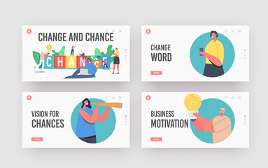 Wall Mural - change and chance landing page template set. tiny business characters have idea or vision for creati