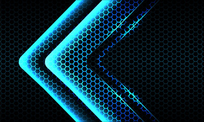 Abstract twin blue light neon arrow glossy direction on dark hexagon mesh pattern design modern futuristic background vector illustration.