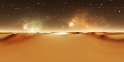 Wall Mural - 360 panorama of mars-like desert exoplanet sunset, environment map. equirectangular projection, sphe