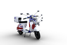 3D Illustration Of A Mod Style Motor Scooter With Multiple Lights And Wing Mirrors Isolated On A White Background.