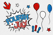 Fourth July comic logo on transparent background. Cartoon White explosion with stars and balloons. Pop art vector elements for July 4th in national colors of United States of America.