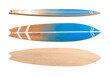 Different view of wooden surfboard on white background